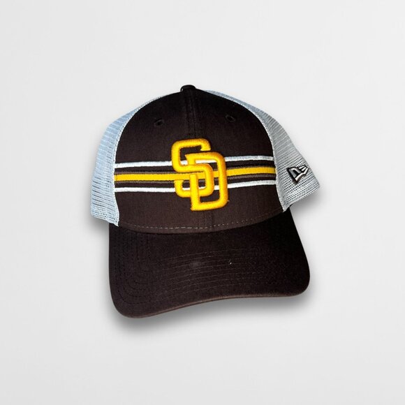San Diego Padres New Era Stripe Trucker 9Forty Snapback Hat Brown/Yellow - Picture 2 of 7